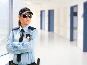 Security guard posing indoors.